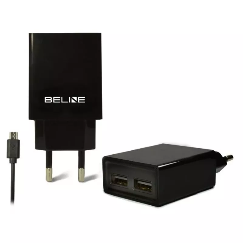 Kelioninis įkroviklis Beline Beli0011 — 2× USB prievadai, microUSB kabelis, 2A išėjimas, juodas