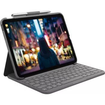 Logitech Slim Folio klaviatūrinis dėklas iPad (10 kartos) QWERTY danų, suomių, norvegų, švedų Bluetooth pilka