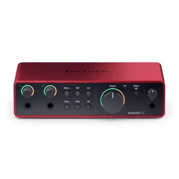 Garso sąsaja Focusrite Scarlett 2i2 4th Gen — 2-in/2-out USB-C, 24-bit/192kHz, 69 dB išankstiniai stiprintuvai, stalinis, juoda/raudona