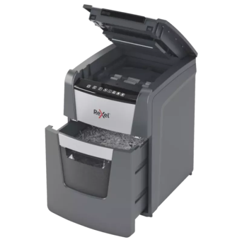 Popieriaus smulkintuvas REXEL Optimum AutoFeed+ 100X – 100 lapų automatinis padavimas, kryžminis pjovimas 4×28 mm, 34 L krepšelis, aliuminis