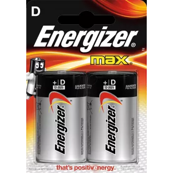 Vienkartinė baterija Energizer MAX D šarminė 1,5 V, D dydis, 2 vnt., cilindrinė, 139 g, 10 metų galiojimo laikas
