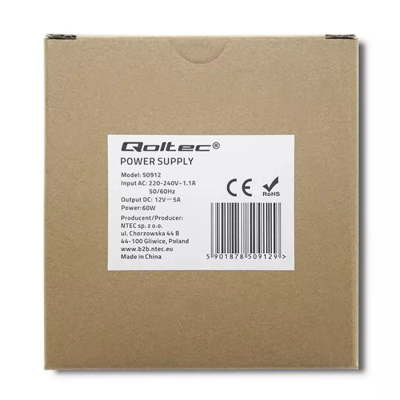 Qoltec maitinimo šaltinis DIN bėgiui | 60W | 12V | 5A | Baltas | Siauras