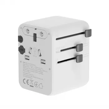 Keliautojų adapteris GEMBIRD TPA-2A3C70-01-W — I tipo kištukas, 3× USB-C (70W), 2× USB-A (18W), 100–250V, baltas