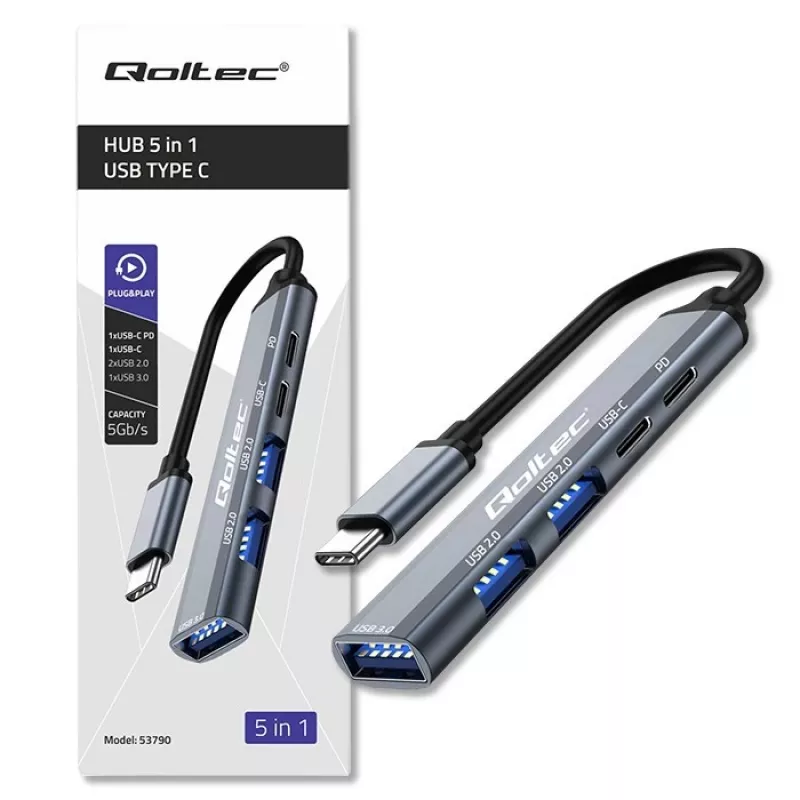Qoltec 53790 USB-C 3.1 5in1 adapterio šakotuvas | USB-C PD | USB-C | 2x USB 2.0 | USB 3.0