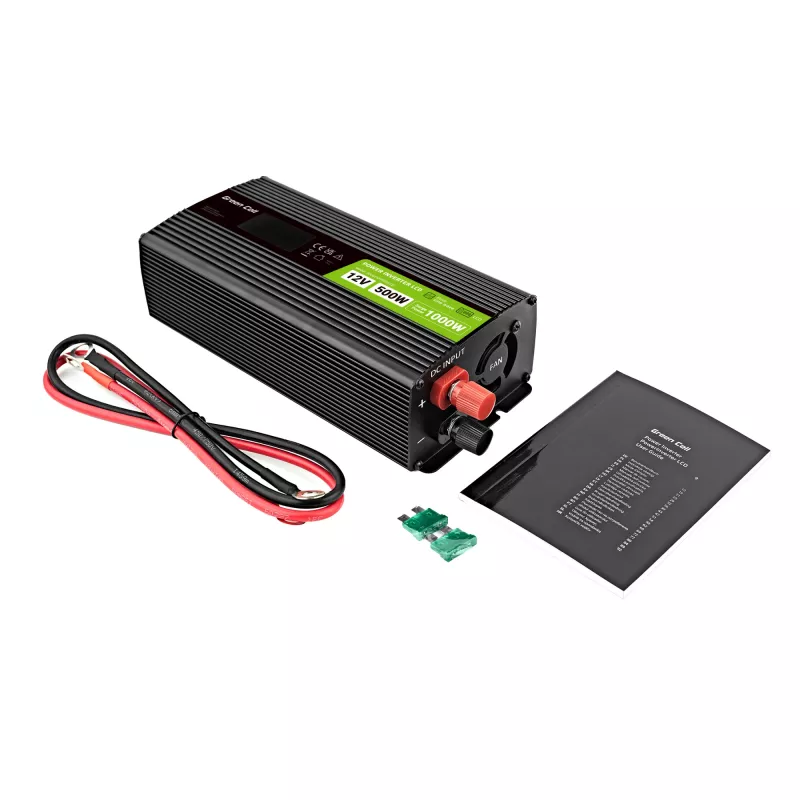 Green Cell PowerInverter LCD 12 V 500W/1000W automobilinis keitiklis su ekranu – gryno sinusinio bangos keitiklis, juodas
