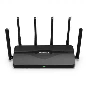 Stalininis maršrutizatorius MERCUSYS MR47BE — triju juostų „Wi‑Fi 7“ (2,4/5/6 GHz), 9300 Mbps, 3× RJ‑45, 2,5GbE, 6 išorinių antenų