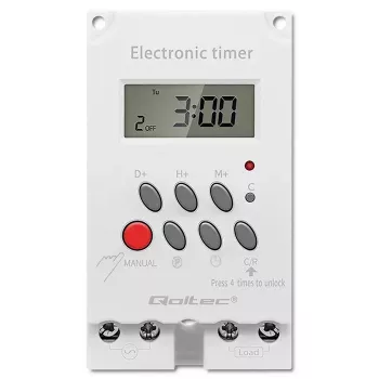 Elektroninis laikmatis DIN bėgiui QOLTEC PC0629 — 24V maitinimas, 16A išėjimas