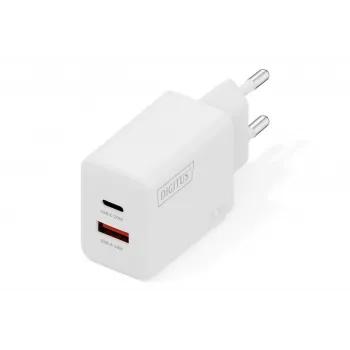 AC USB įkroviklis DIGITUS 20W, 1x USB-C, 1x USB-A, įėjimas 100–240V, baltas
