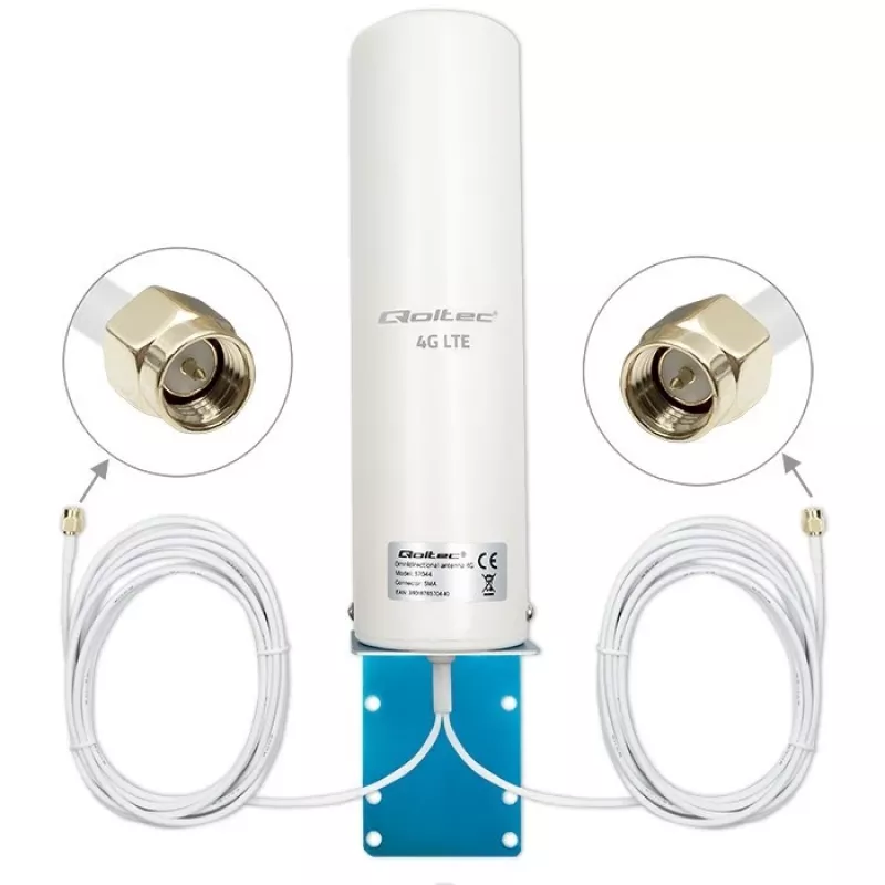 Outdoor omnidirectional 4G LTE antena QOLTEC 57044, 5 dBi, 600–2700 MHz, 50 W, 50 Ω, baltas varinis korpusas