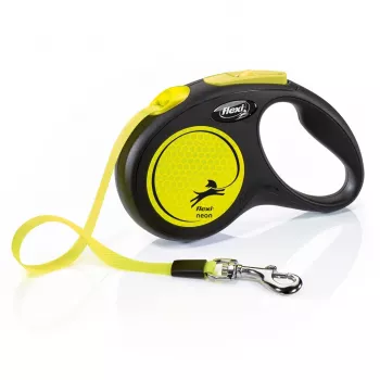 Ištraukiamasis pavadėlis Flexi New NEON 5 m – juostinis pavadėlis mažiems šunims iki 15 kg, juodai geltonas