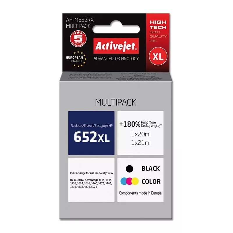 Activejet AH-M652RX rašalinė kasetė (HP 652 F6V25AE/F6V24AE pakaitalas; Premium; 1 x 20 ml, 1 x 21 ml; juoda, spalvota)
