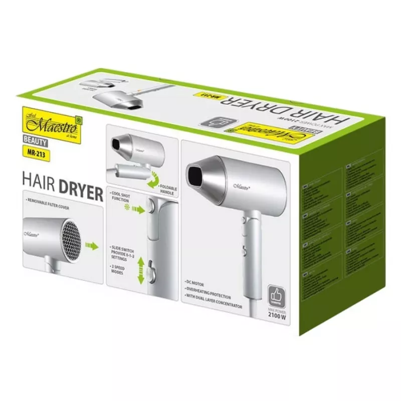 Plaukų džiovintuvas Maestro MR-213 2100W sulankstoma rankena, 2 greičiai, šalto oro funkcija, dvigubo sienelės koncentratorius, sidabrinis