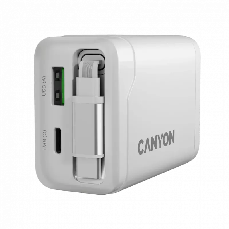 CANYON įkroviklis OnCharge 65RC su integruotu USB-C laidu 65W, 1x PD, 1x QC, EU kištukas, baltas