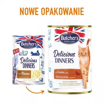 Butcher's Delicious Dinners šlapias ėdalas katėms 400 g — Suaugusioms katėms, elniena, 82% drėgmės, 8.5% baltymų, 5.5% riebalų