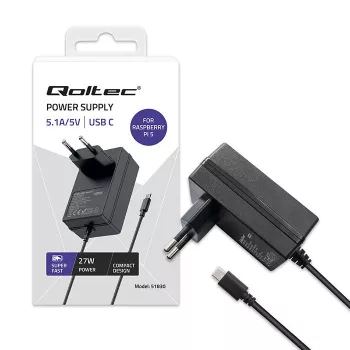 QOLTEC Super FAST PD greitasis įkroviklis, skirtas Raspberry Pi 5, USB-C, 27 W