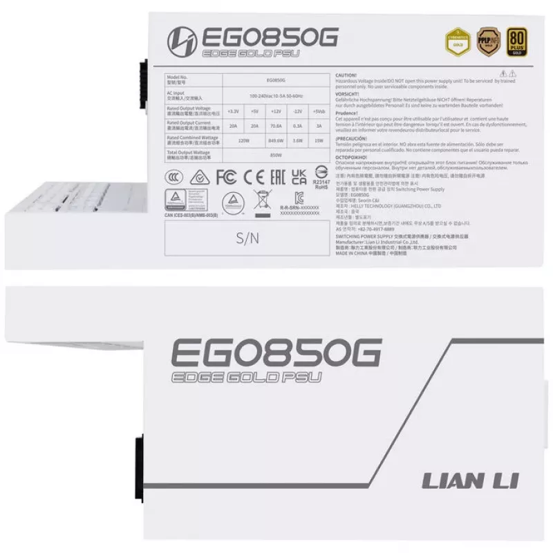 Lian Li EDGE GOLD 850 80 PLUS Gold maitinimo blokas, PCIe 5.1, ATX 3.1 - 850 W, baltas