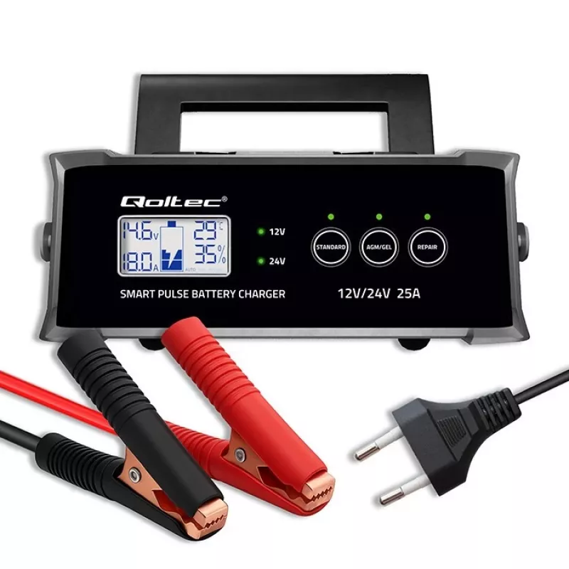 Akumuliatoriaus įkroviklis QOLTEC 52514 — 12V/24V, 25A, AGM/GEL/SLA akumuliatoriams su LCD ekranu