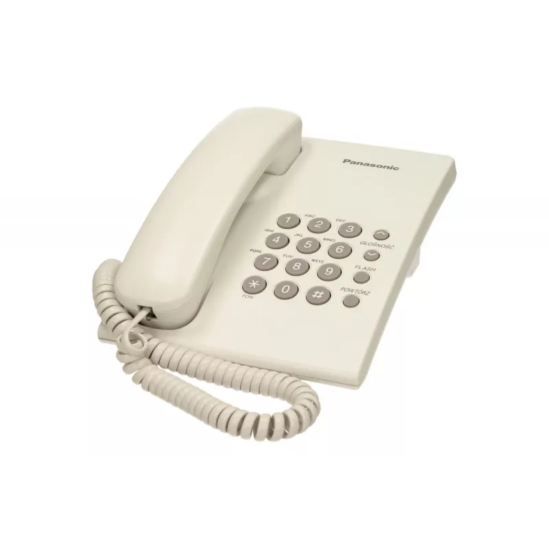 Analognis telefonas Panasonic KX-TS500PDW — 16 mygtukų, baltas, stalo/sienos montavimas, 100 įrašų telefonų knyga