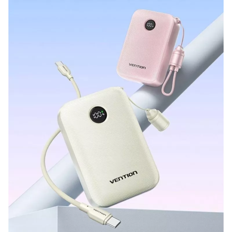 Vention 20000mAh 22.5W nešiojamas įkroviklis — 2× USB‑C, 1× USB‑A, smėlio spalvos