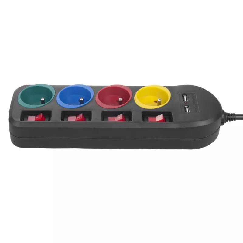 Maitinimo blokas MACLEAN MCE229B – 4 kištukiniai lizdai, 2× USB-A, 1,5 m laidas, 10 A, F tipas, vidaus patalpoms, juoda