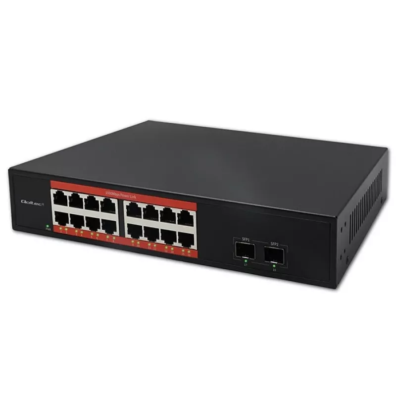 Tinklo jungiklis QOLTEC 52364 — Gigabit Ethernet PoE 16xRJ45, 2xSFP