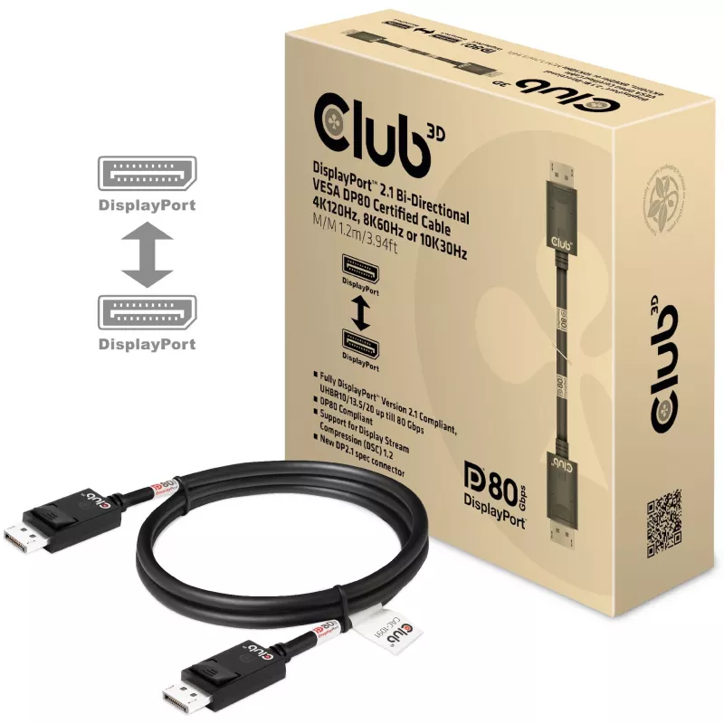 Club 3D CAC-1091 DisplayPort 2.1 kabelis, VESA DP80 sertifikuotas, dvikryptis, 4K120Hz / 8K60Hz / 10K30Hz, kištukas–kištukas, 1,2 m