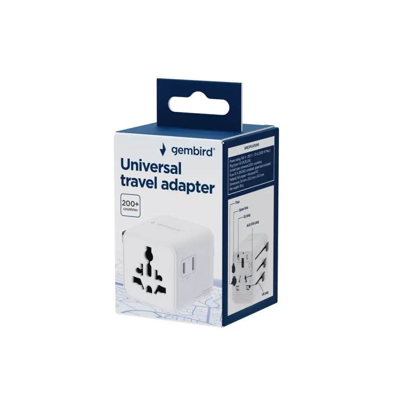 Universalus kelioninis adapteris GEMBIRD TPA-INT-01-W, įvadas 100–250V, G tipo kištukas, 84×56×85 mm