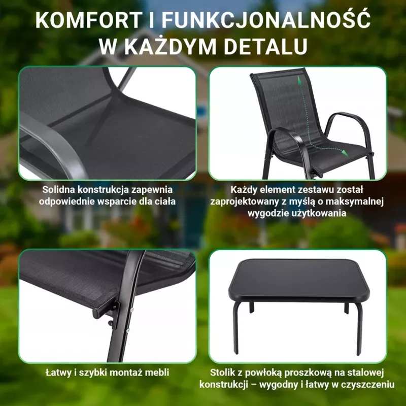 Sodo baldų komplektas Extralink Black Forest, Textilene dvi kėdės + juodas stalas