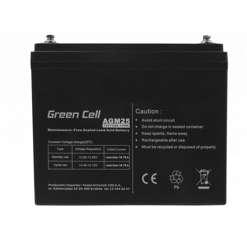 Green Cell AGM25 švino rūgšties akumuliatorius UPS sistemoms 12 V 75 Ah VRLA AGM