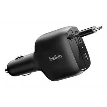 Belkin 75W 2 prievadų automobilinis įkroviklis su įtraukiamu USB-C kabeliu (CCC001HQBK)