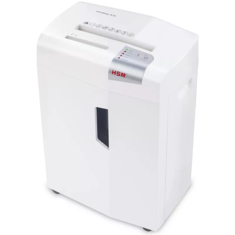 Popieriaus smulkintuvas HSM X15, dalelių pjovimas P-4, 23 cm darbinis plotis, 16 lapų talpa, 26 L krepšelis, sidabrinis
