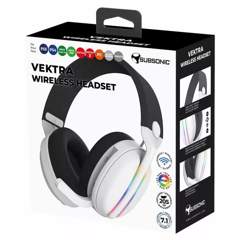 Subsonic Vektra SA5717-2 belaidės ausinės, dengiančios ausis, RGB LED, 7.1 emuliacija, baltos