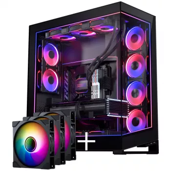 PHANTEKS NV Series NV7 E-ATX korpusas, grūdintas stiklas, ARGB - juodas su M25 Gen2 PWM D-RGB ventiliatorių 3 rinkiniu - atvirkštinė mentė, 140mm + DRGB rinkinys
