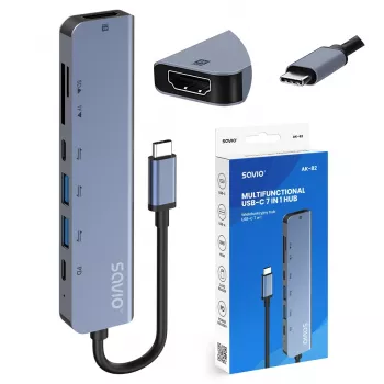 USB Type-C stotelė SAVIO AK-82 su HDMI, MicroSD, USB 3.2 Gen1, PD praėjimu, 4K@30Hz, 5000 Mbit/s, juoda