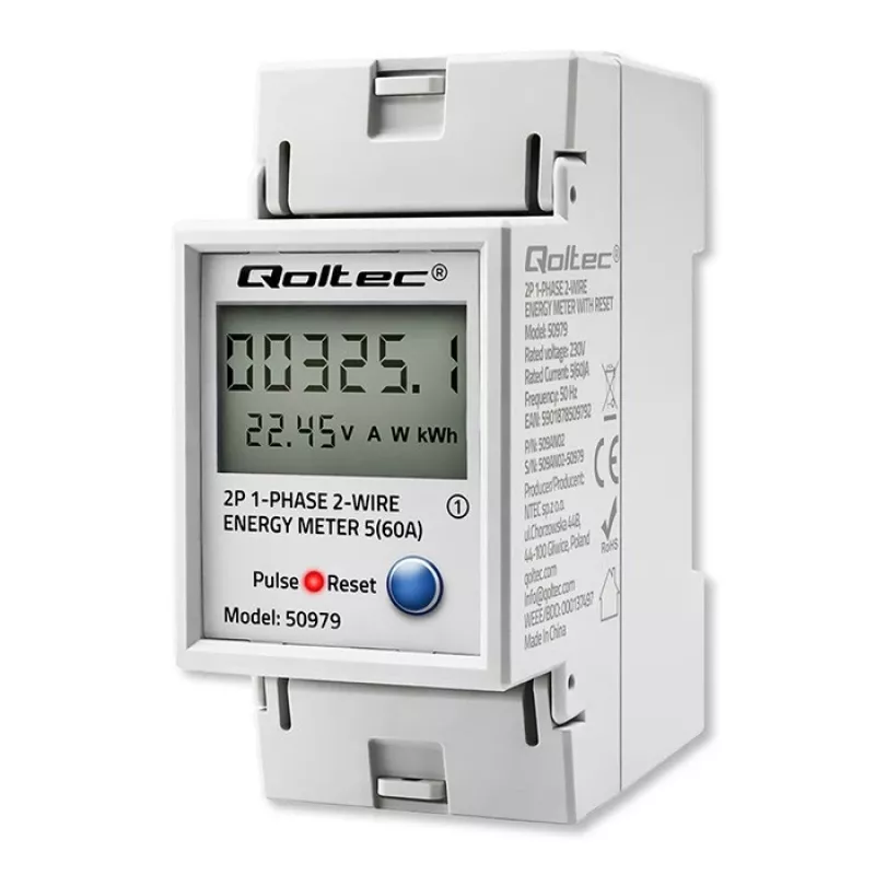 Energijos skaitiklis QOLTEC Vienfazis DIN-bėgis 230V (MPN 50979)