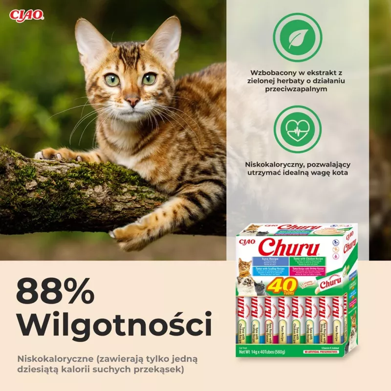 Šlapieji skanėstai katėms INABA Churu Variety Box – Tunas, 40 × 14 g pastos paketėliai, be grūdų, be glitimo