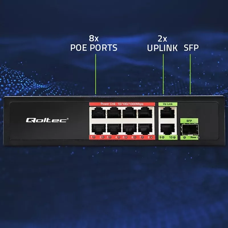 Eterneto jungiklis QOLTEC 52297 PoE RJ45 su PoE Uplink ir SFP prievadu
