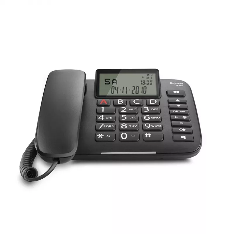 Laidinis telefonas Gigaset DL380 su dideliais klavišais ir aukšto kontrasto ekranu, juodos spalvos