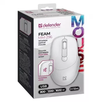 Belaidė pelė DEFENDER 52297 Silent Click – ambidekstrinė, 2.4 GHz nano USB, 1600 DPI, balta
