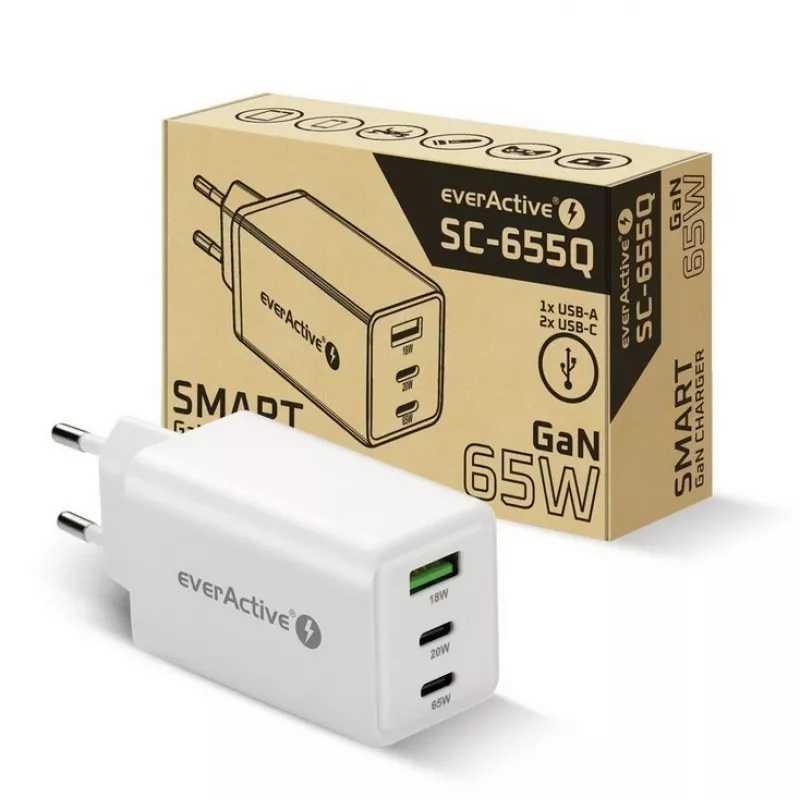 Maitinimo blokas everActive SQ-655Q 65W, 1×USB-A + 2×USB-C greitas įkrovimas