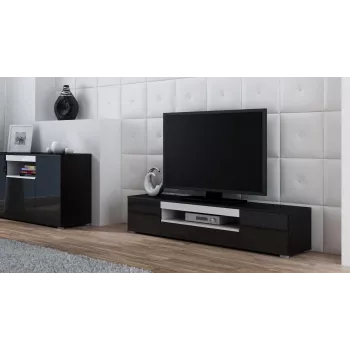 Cama Meble VIVA 180 TV komoda, juoda/juoda blizgi + balta