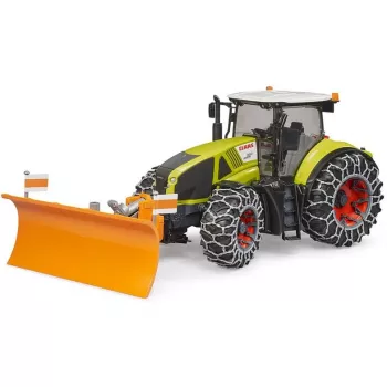 Žaislinis traktorius BRUDER Claas Axion 950 su sniego grandinėmis ir sniego valytuvu, mastelinis modelis