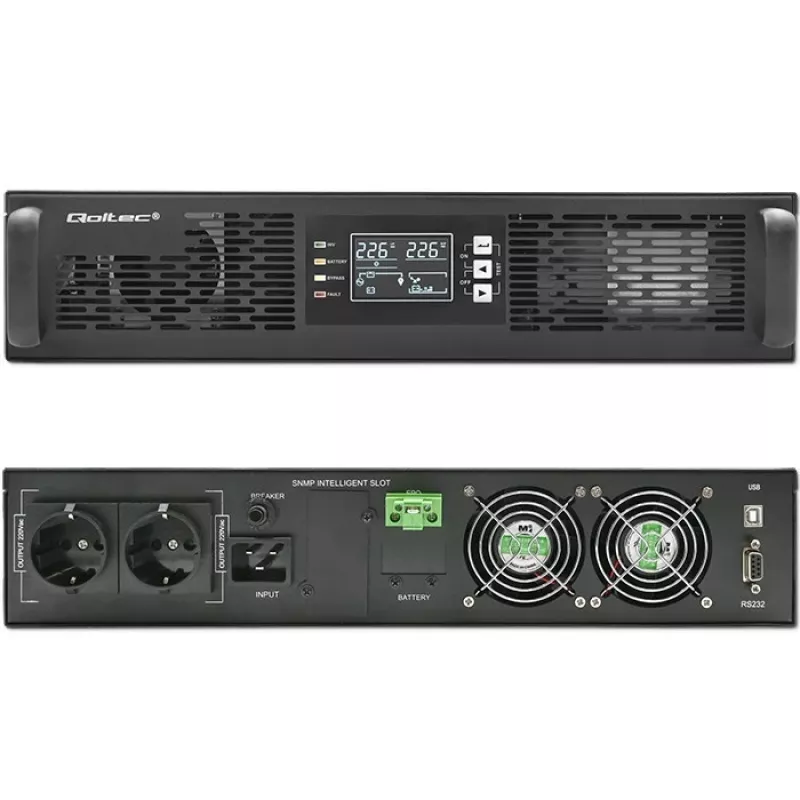 Qoltec UPS nepertraukiamo maitinimo šaltinis 3kVA 3000W dvigubo keitimo on-line RACK LCD EPO USB