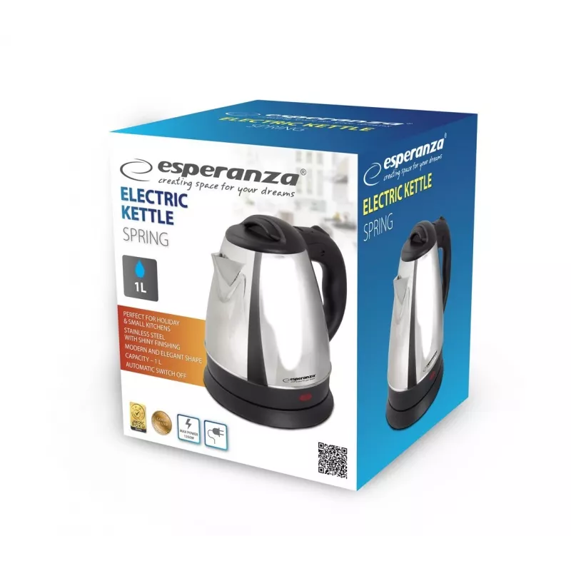 Elektrinis virdulys ESPERANZA 1.0 L nerūdijantis plienas ir plastikas, 1350 W, belaidis, automatinis išsijungimas