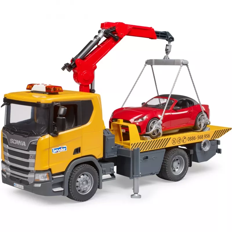 BRUDER Scania Super 560R pagalbos kelyje komplektas su vilkiku ir roadster