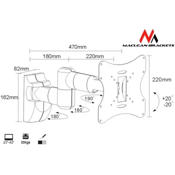 Sieninis laikiklis MACLEAN MC-503A S 23–42 colių ekranams, polinkis ±20°, VESA 75×75–200×200, 30 kg, sidabrinis