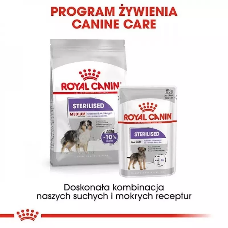 Sausas šunų ėdalas Royal Canin Medium Sterilised Adult 12 kg – sterilizuotiems vidutinių veislių suaugusiems šunims, paukštiena, baltymai 28%, riebalai 13%