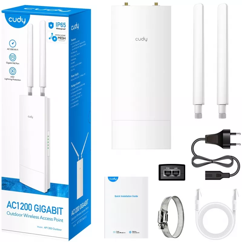 Cudy AP1300 Outdoor belaidis prieigos taškas AC1200, dual-band 2,4/5 GHz, 300/867 Mbps, IP65, PoE, 2 išorinės RP-SMA antenos