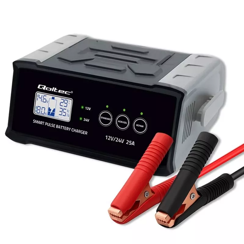 Akumuliatoriaus įkroviklis QOLTEC 52514 — 12V/24V, 25A, AGM/GEL/SLA akumuliatoriams su LCD ekranu