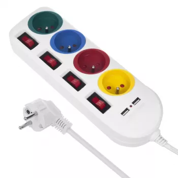 Maitinimo blokas MACLEAN MCE229W — 4 lizdai, 2× USB, 1,5 m laidas, F tipo, 10 A, baltas